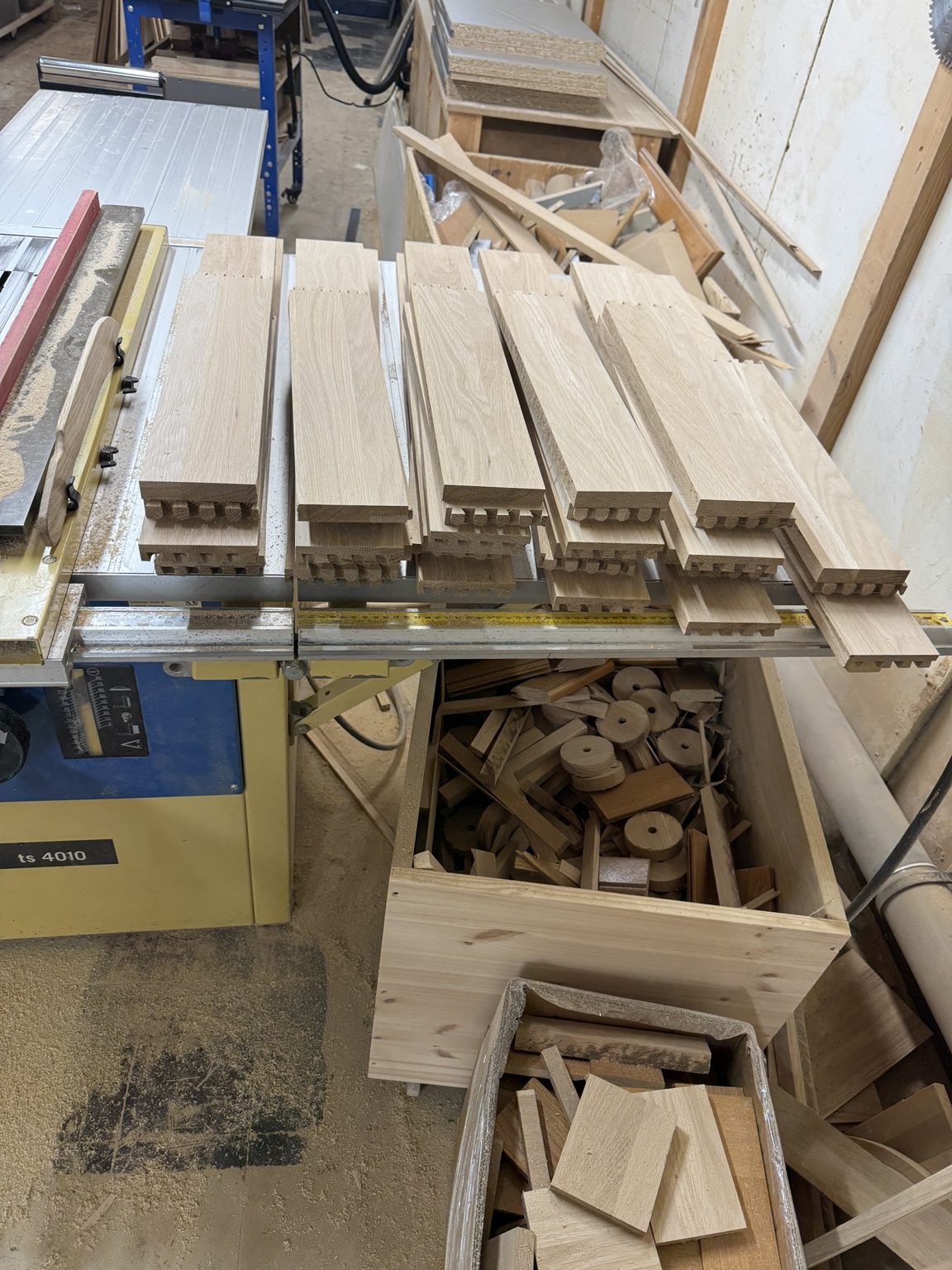 Dovetail drawer components prepared in the workshop