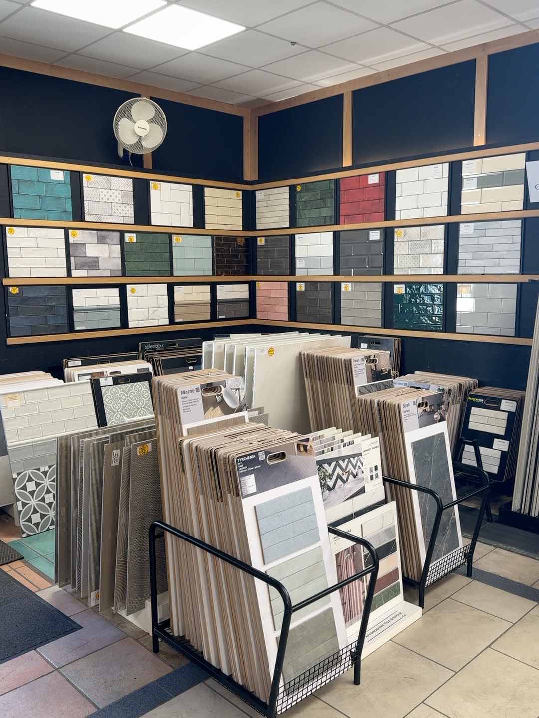 Wall-mounted tile displays in the TFS Hinckley showroom