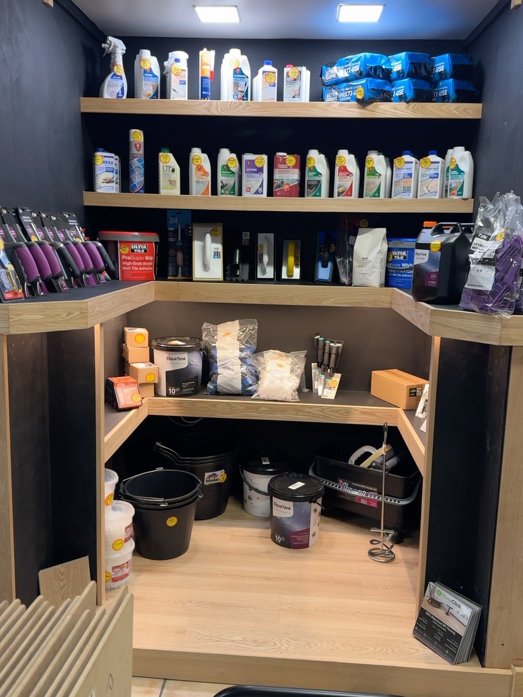 Trade tools, primers, cleaners and accessories displayed in the TFS showroom