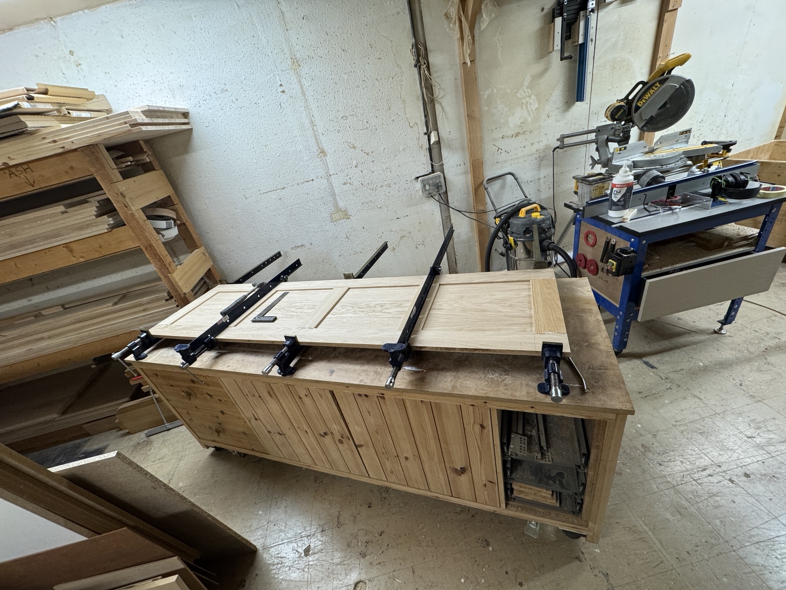 Oak doors being assembled in clamps
