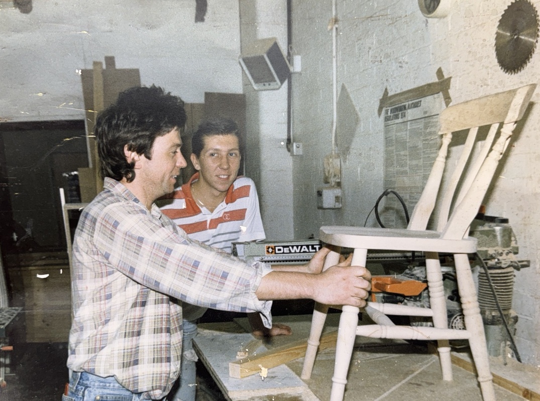 Rod and Neil in the workshop in the early years of Pine Design